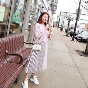 Light Purple Sweater + Sliver Pleated Long Skirt